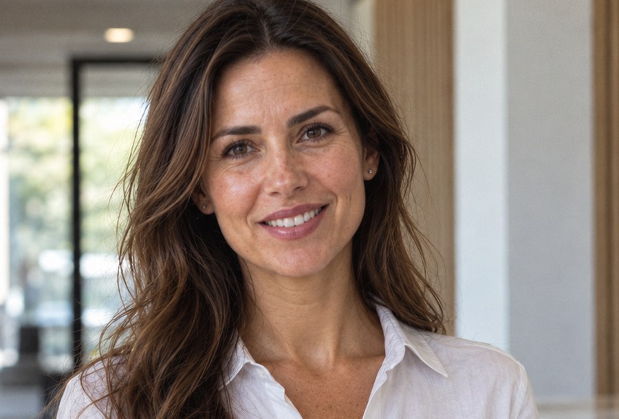 Smiling woman holding a tablet in a bright clinic reception