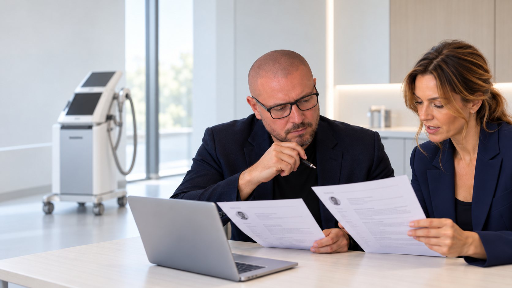 Two executives reviewing candidate CVs in a bright meeting room