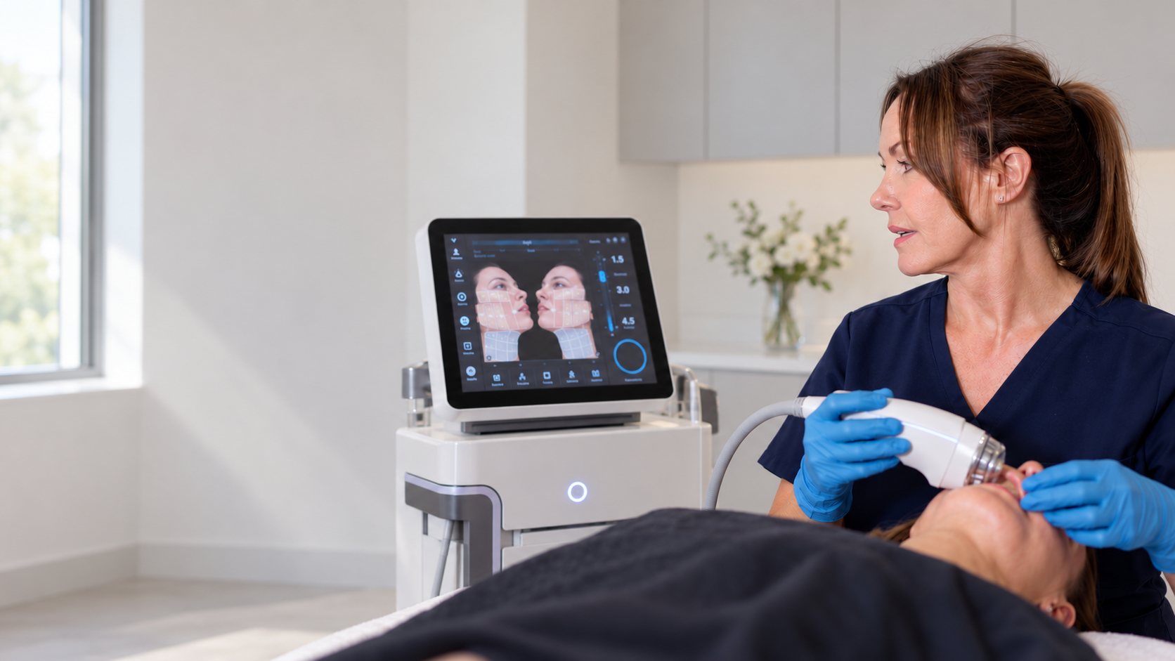 Aesthetic practitioner using a treatment device in a clinic, with a patient in the foreground