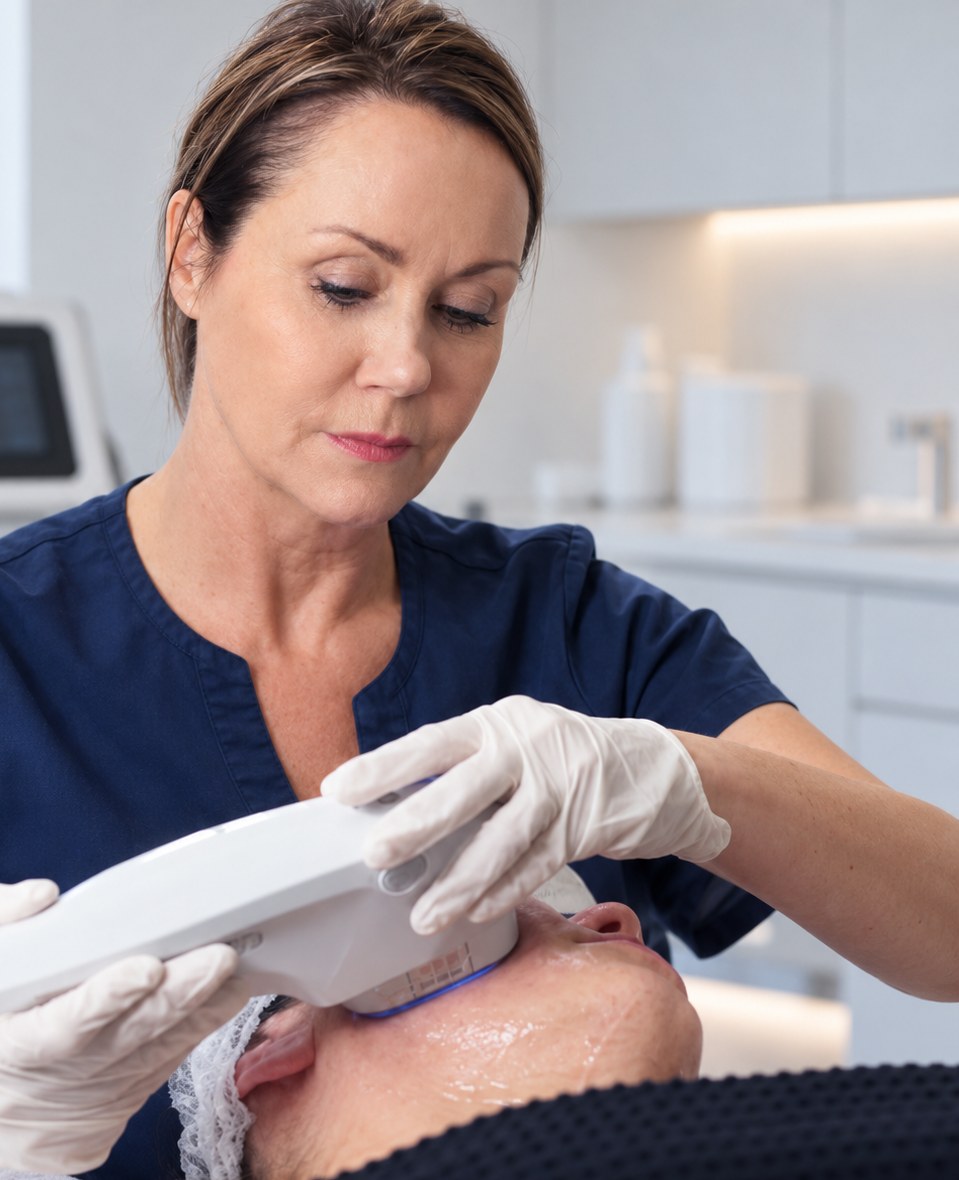 Aesthetic practitioner using a treatment device on a client