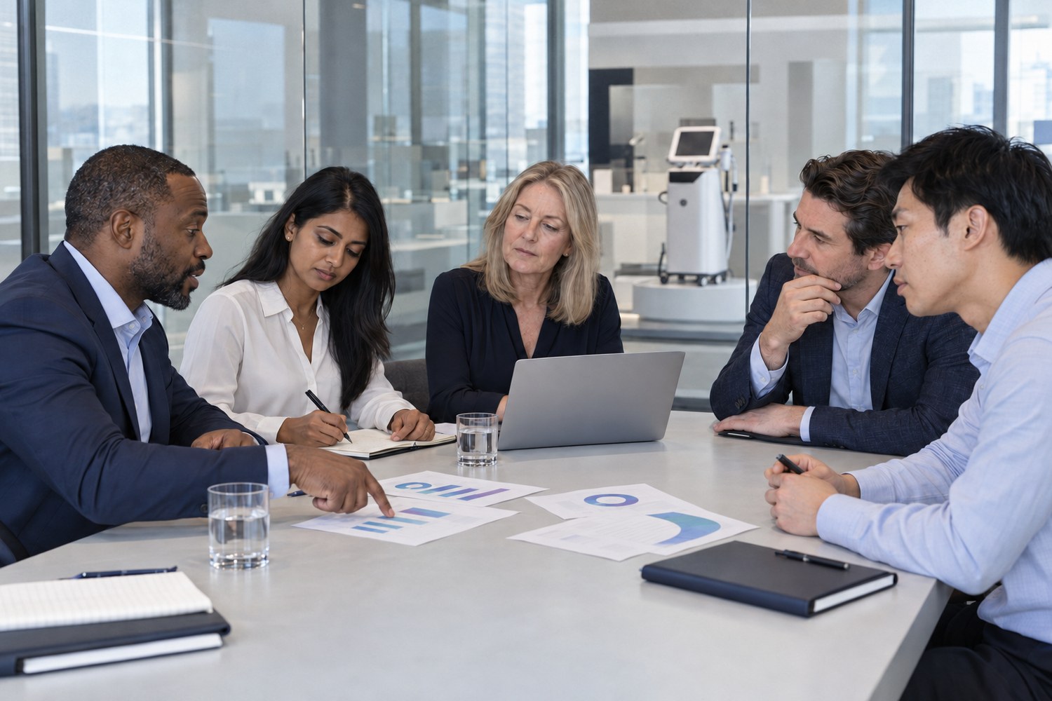 Colleagues in a meeting at an aesthetic device company headquarters