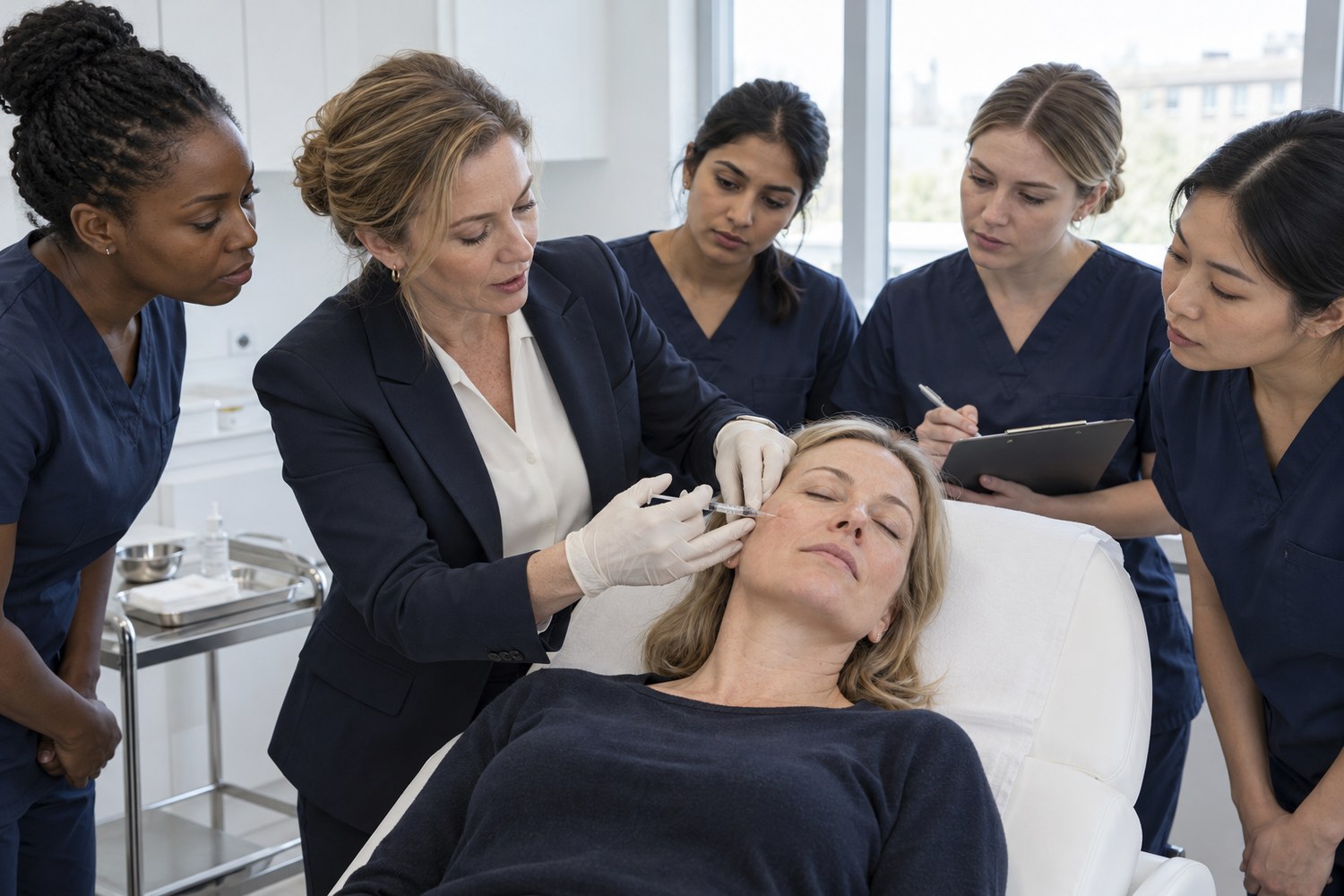 Trainer demonstrating a facial injection technique to four nurses in a bright training room